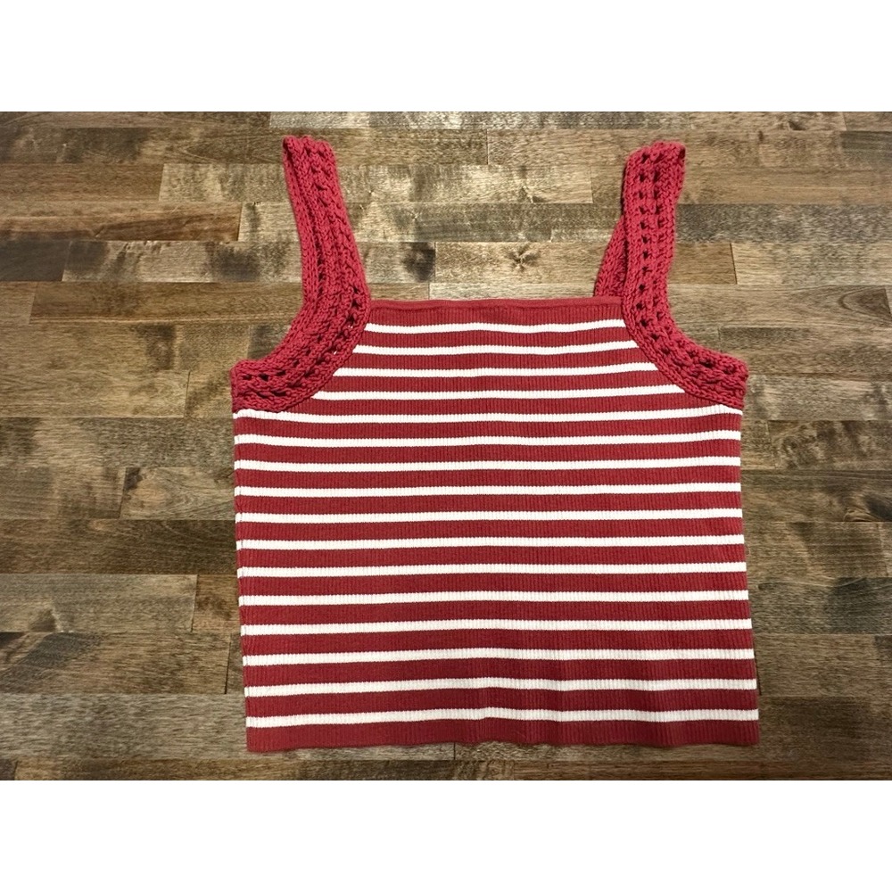 Aerie Striped Ribbed Sweater Tank Top Red White Crochet Straps L NWT Boho Fall